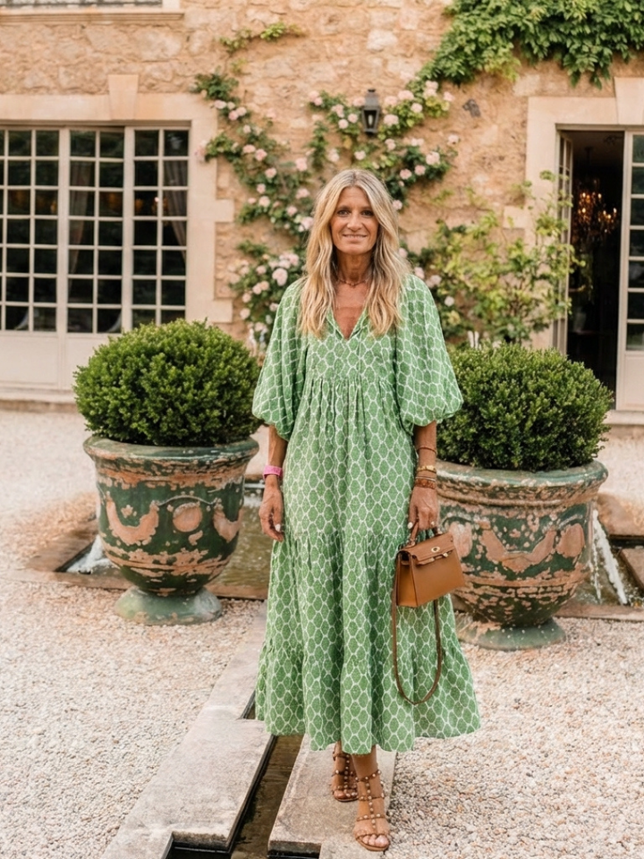 Lightweight patterned midi dress for women, with a flattering V-neck and three-quarter sleeves for summer.