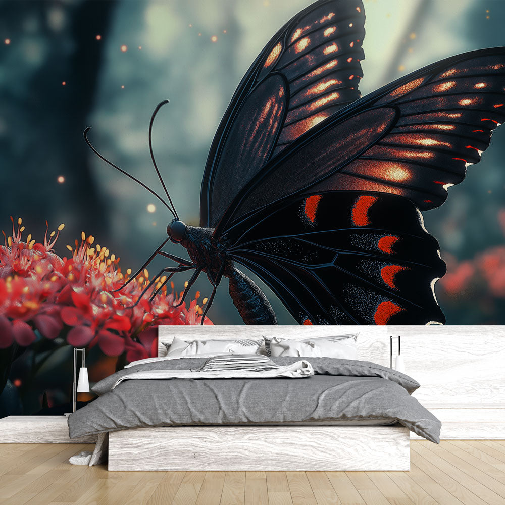 Vibrant red & black floral butterfly wall mural; nature-inspired peel & stick wallpaper for an accent wall.