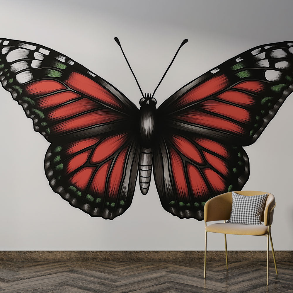 Vibrant red monarch butterfly wall mural for home decor. Peel & stick, easy install nature accent wall.