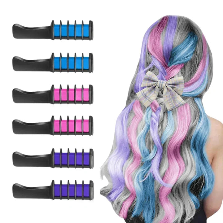 Kids with bright pink and blue temporary hair chalk streaks, ideal for parties or playful looks.
