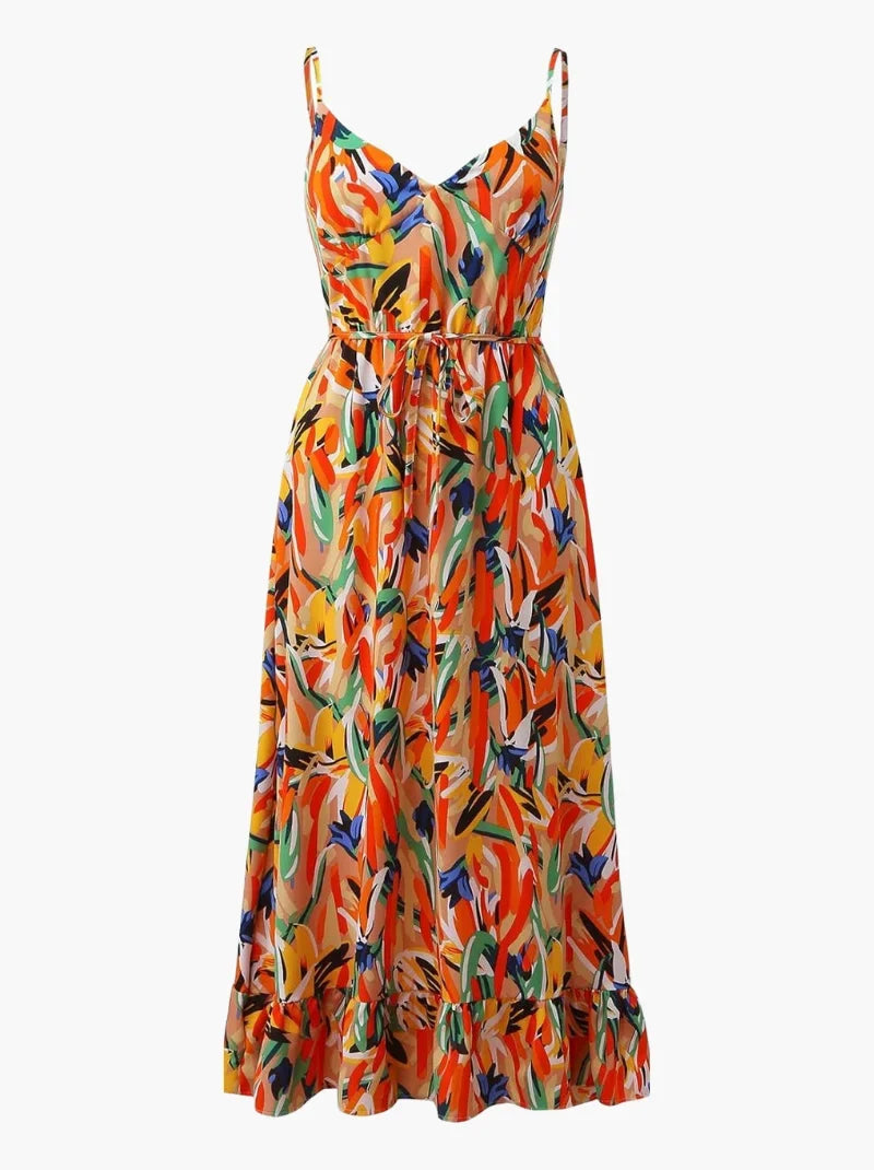 Comfortable & colorful abstract print v-neck sleeveless midi dress for women. Flowy summer fashion, easy wear.