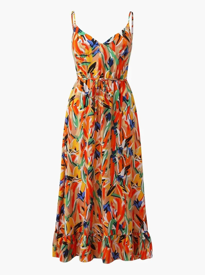 Comfortable & colorful abstract print v-neck sleeveless midi dress for women. Flowy summer fashion, easy wear.