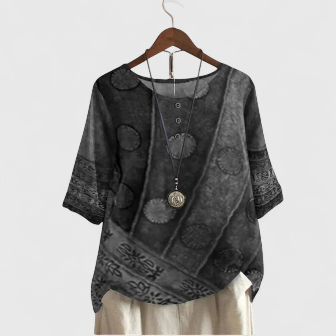 Artistic boho patchwork tunic for women. Comfortable, relaxed fit long sleeve top perfect for casual everyday fashion.