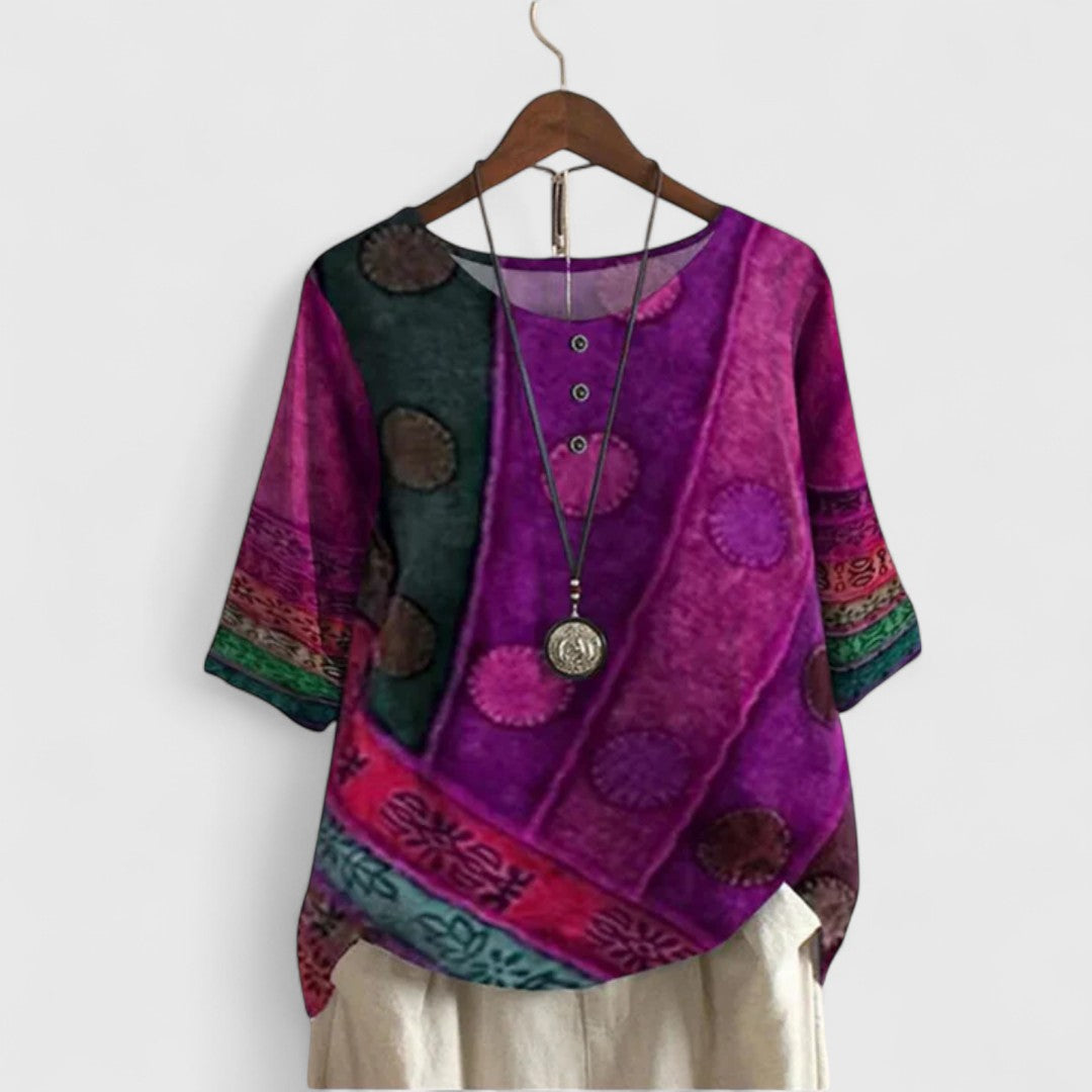 Elegant women's boho patchwork long sleeve top, perfect for comfortable everyday style and unique fashion statements.