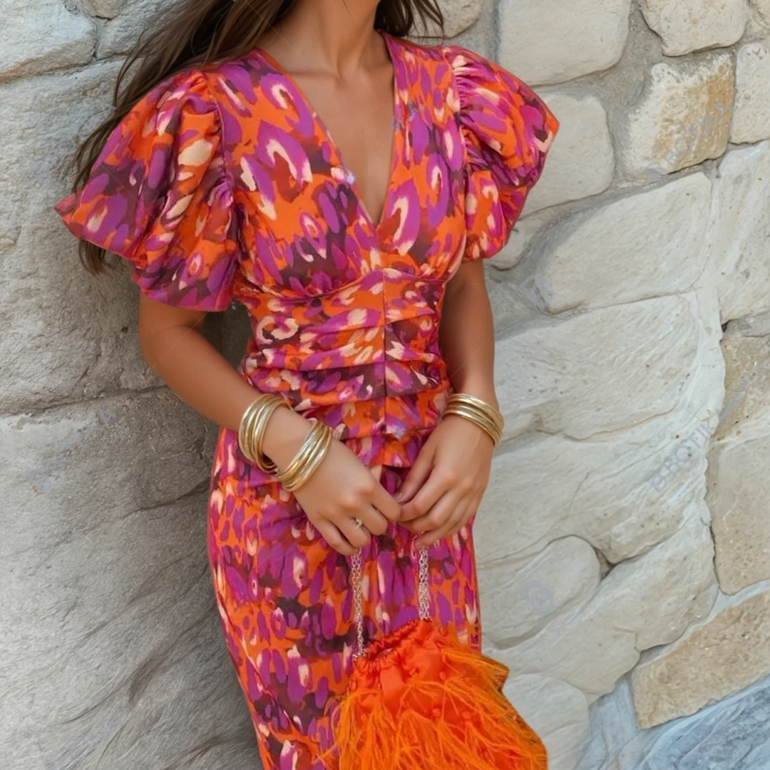 Vibrant women's fiesta dress with elegant puff sleeves & V-neck. Perfect colorful summer party or event dress.