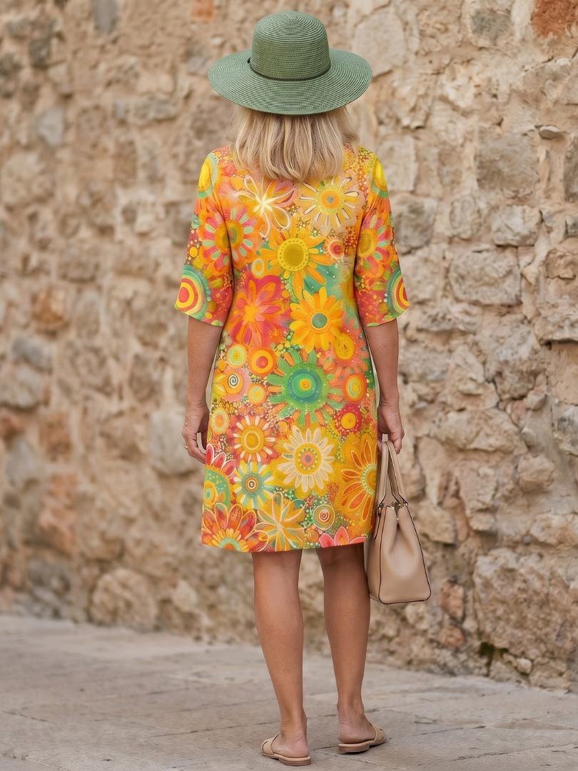 Women's vibrant V-neck short sleeve floral dress, knee-length, relaxed fit, great for spring & summer style.
