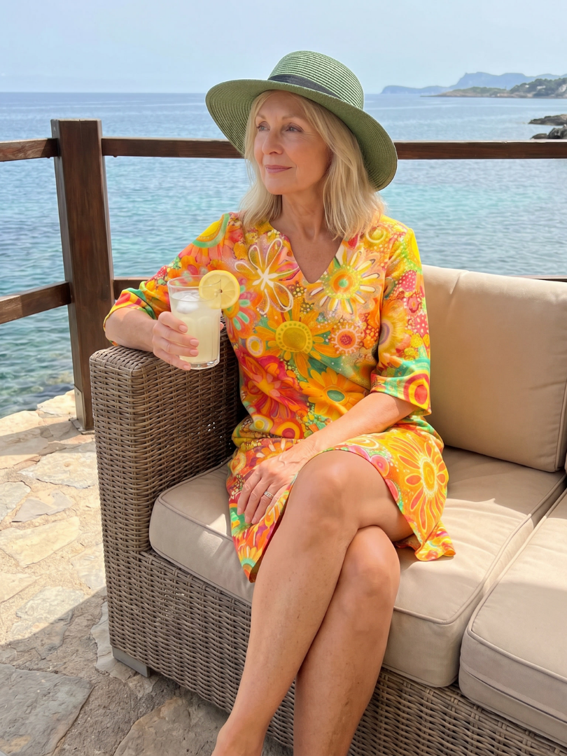 Knee-length women's floral pattern dress with a relaxed fit, vibrant multicolor print, ideal for casual summer.