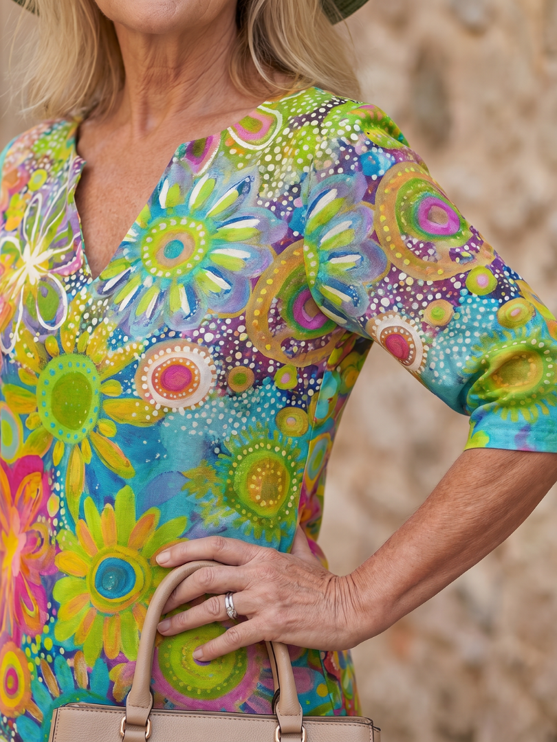 Everyday casual women's floral knee-length dress, vibrant multicolor, V-neck, short sleeve, comfortable spring wear.