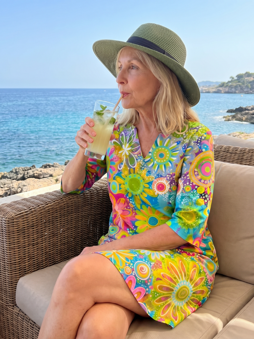 Vibrant women's short sleeve floral print knee-length dress, relaxed fit, perfect for summer casual outings.