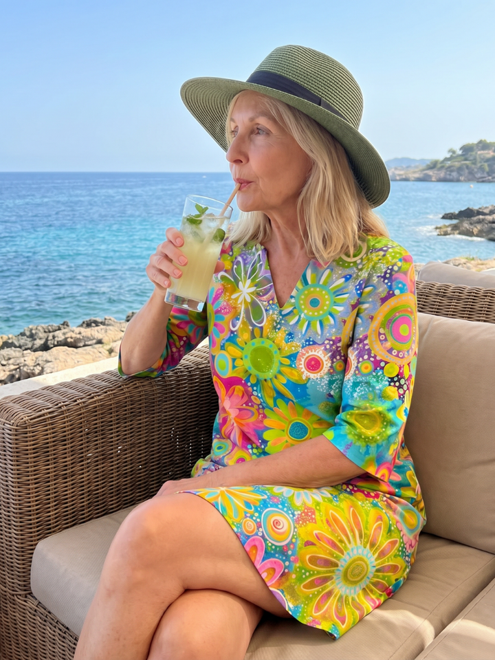 Vibrant women's short sleeve floral print knee-length dress, relaxed fit, perfect for summer casual outings.
