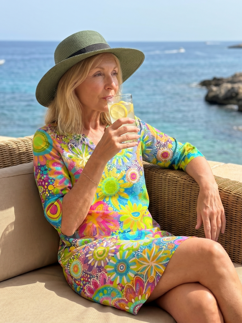 Comfortable women's knee-length floral dress, relaxed fit, V-neck, short sleeve, great for spring and summer style.
