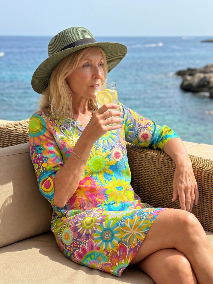 Comfortable women's knee-length floral dress, relaxed fit, V-neck, short sleeve, great for spring and summer style.