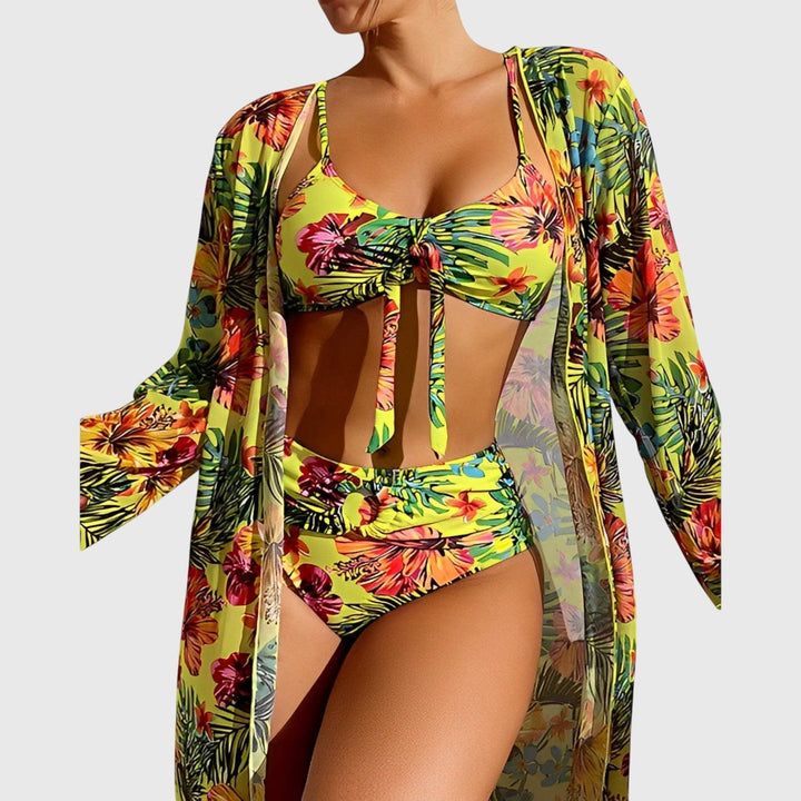 Vibrant women's halter bikini set with supportive padded top & comfortable briefs for summer beachwear.