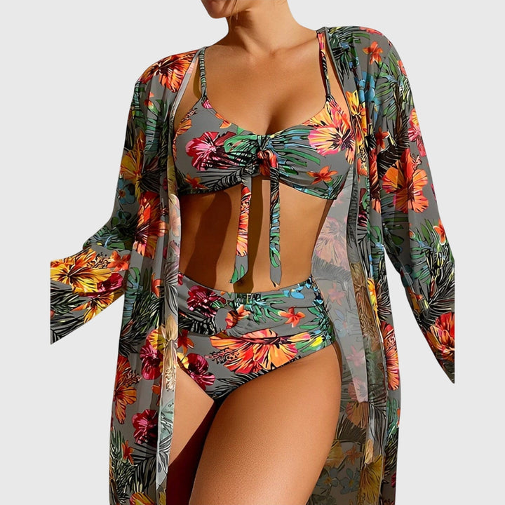 Colorful women's halter bikini set, vibrant swimwear for summer, featuring supportive padded top & briefs.