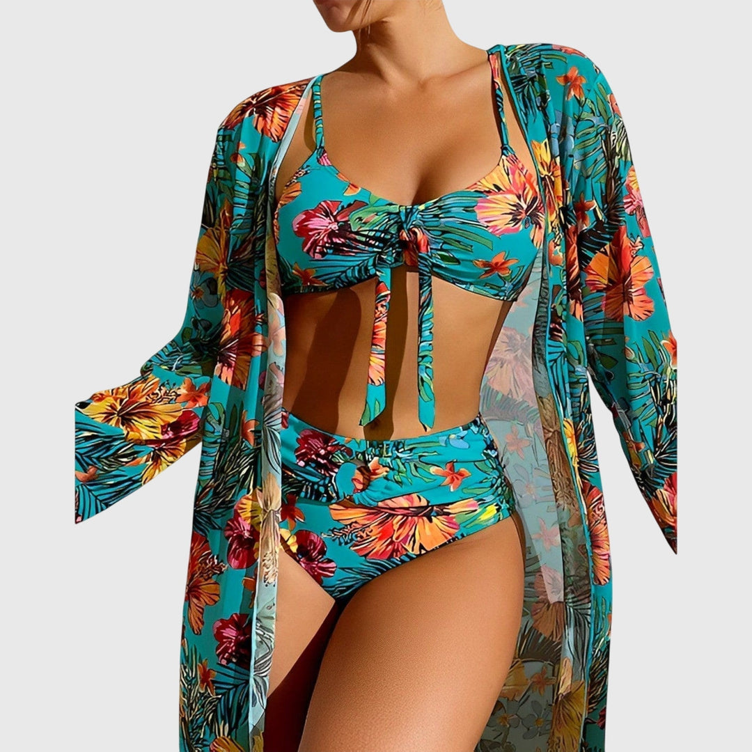 Woman wearing vibrant halter bikini set on the beach, comfortable & supportive summer swimwear for women.