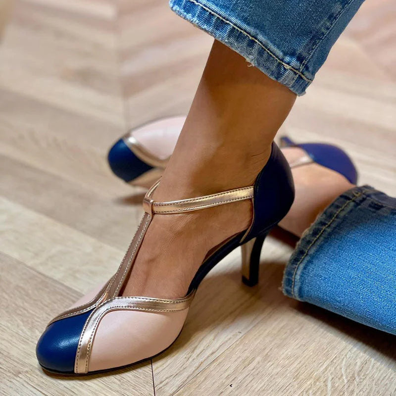 Vibrant women's T-strap pumps with elegant round toe. Perfect colorful heels for formal wear & work.