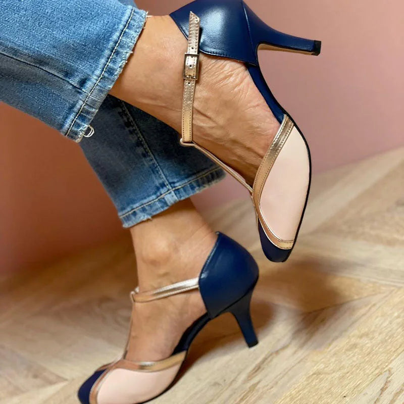 Elegant women's colorful T-strap pumps. Classic round-toe design, ideal fashion footwear for formal events.