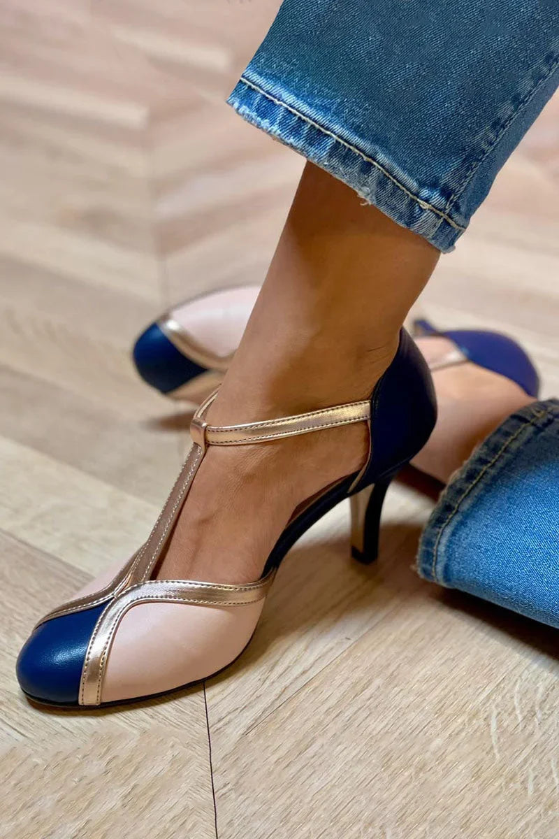 Stylish women's colorful T-strap pumps with comfortable round toe. Versatile classic heels for work or fashion.