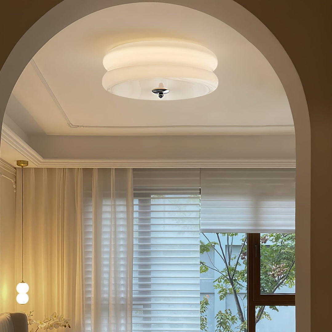 Retro-style ceiling light fixture with unique fluted glass, Art Deco aesthetic.