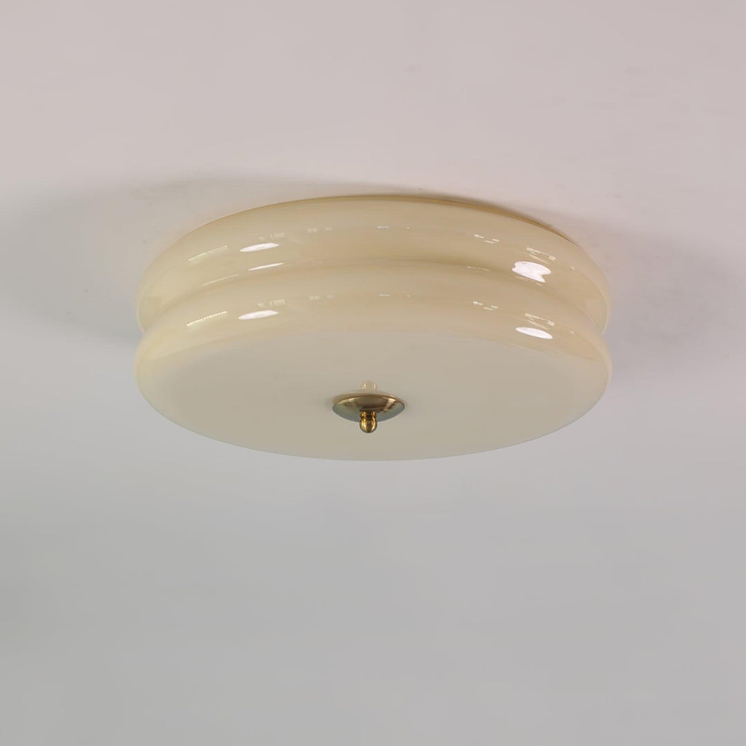 Ribbed fluted glass ceiling lamp, Art Deco inspired, perfect for atmospheric lighting.