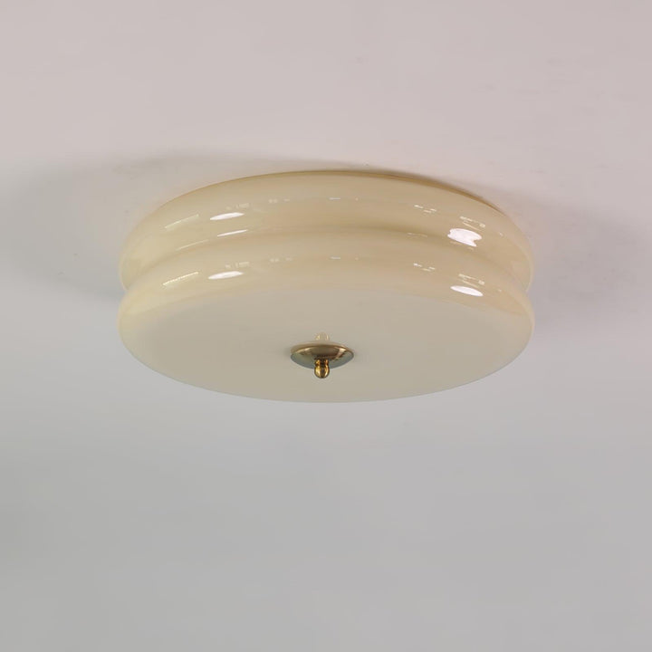 Ribbed fluted glass ceiling lamp, Art Deco inspired, perfect for atmospheric lighting.