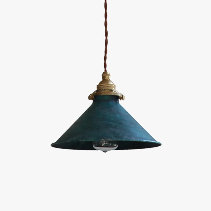 Vintage cone metal pendant light with adjustable cord, perfect for modern kitchen or dining room.