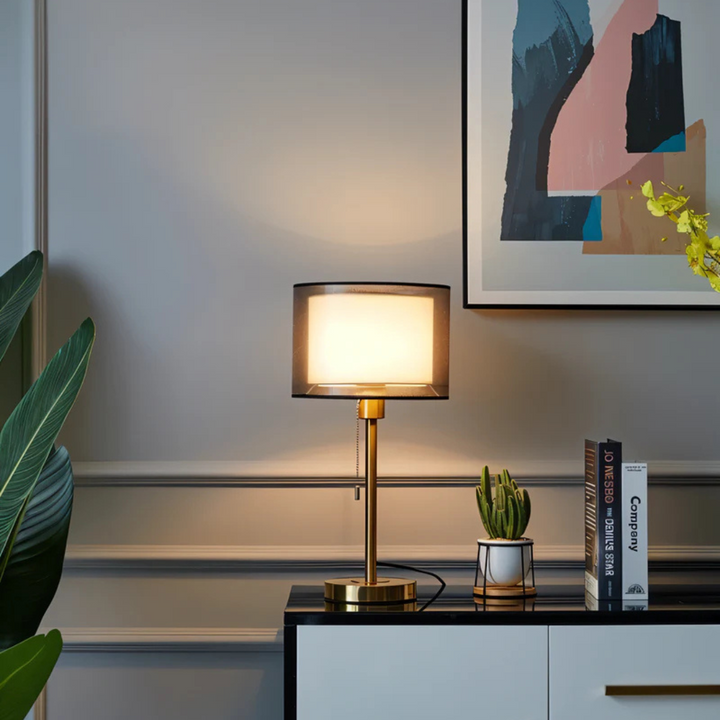 Stylish living room lamp with vintage design and double fabric shade for ambient lighting.