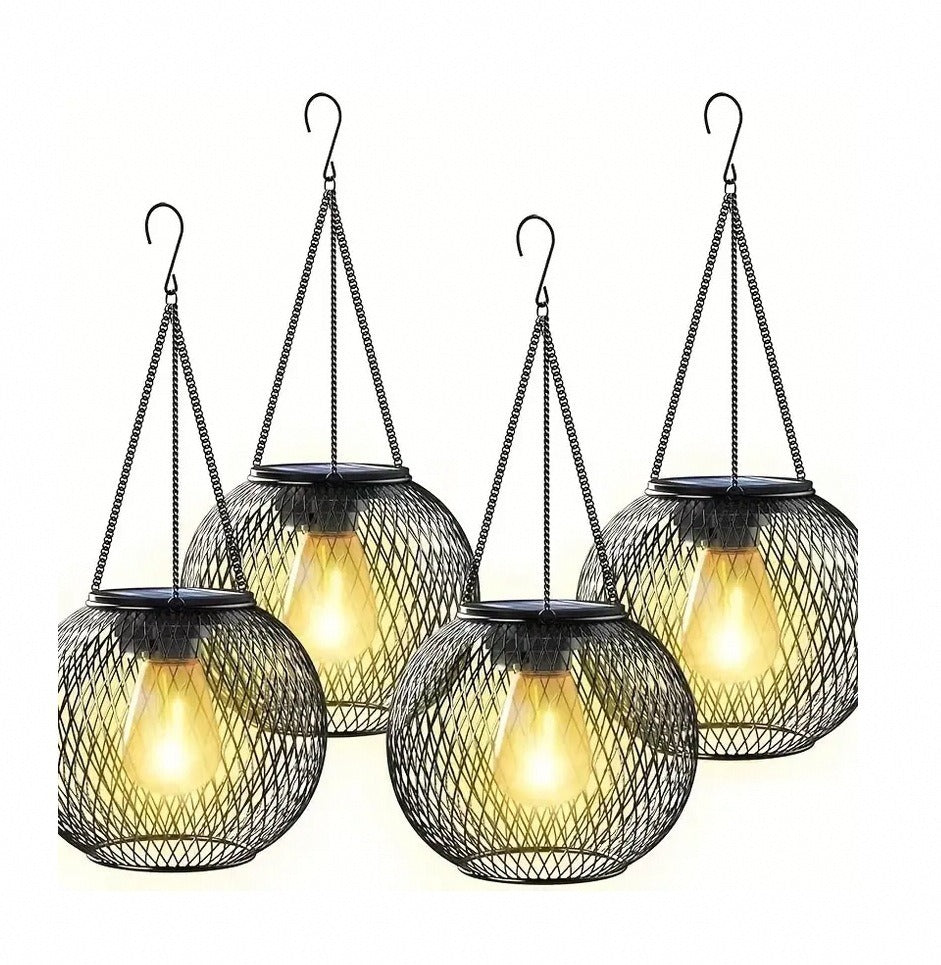 Retro style vintage LED solar lantern, hanging metal cage, ideal for outdoor patio & garden lighting.