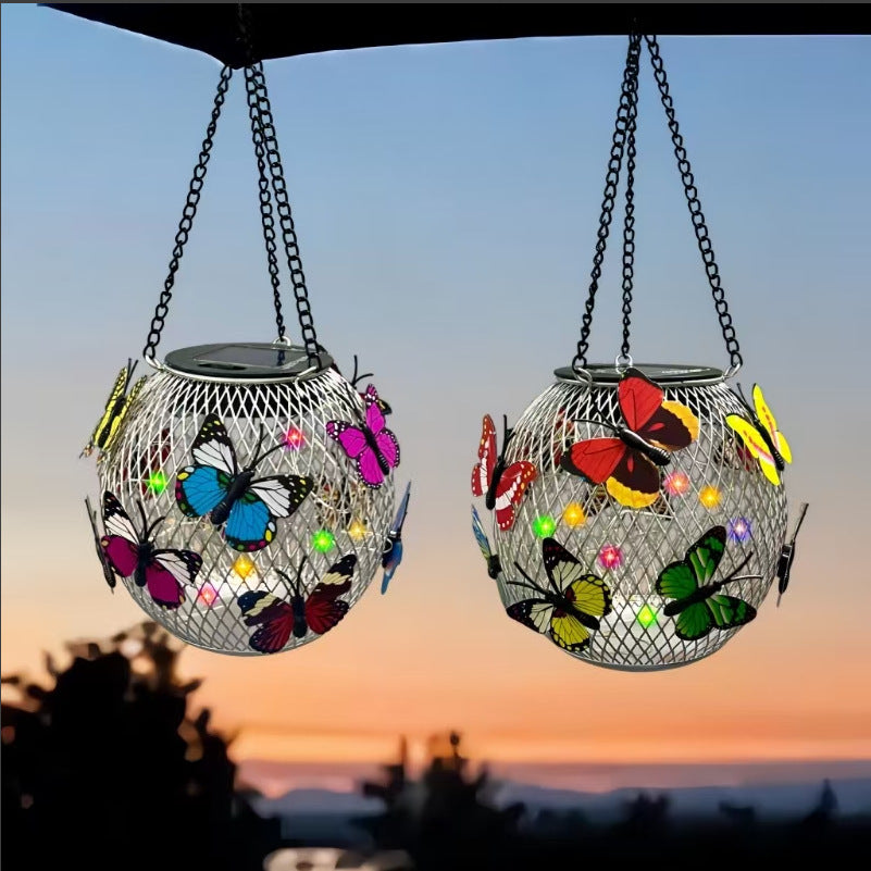 Illuminate your garden: vintage LED solar hanging lantern, waterproof metal cage for patio lighting.