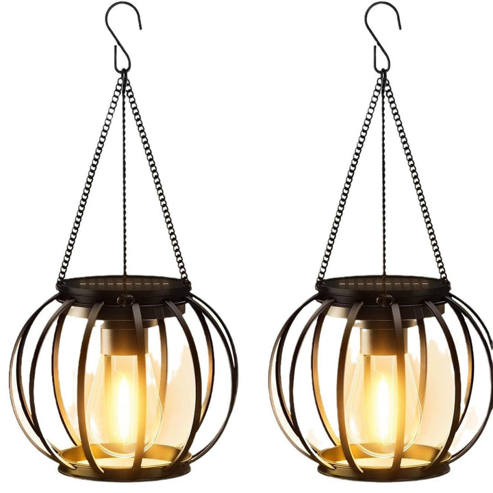 Ambiance-enhancing vintage LED solar lantern, hanging metal cage, ideal for patio & garden lighting.