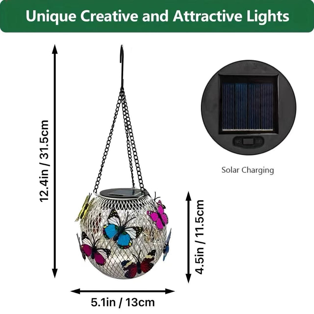 Energy-efficient vintage LED solar lantern, durable metal cage design for beautiful garden lighting.