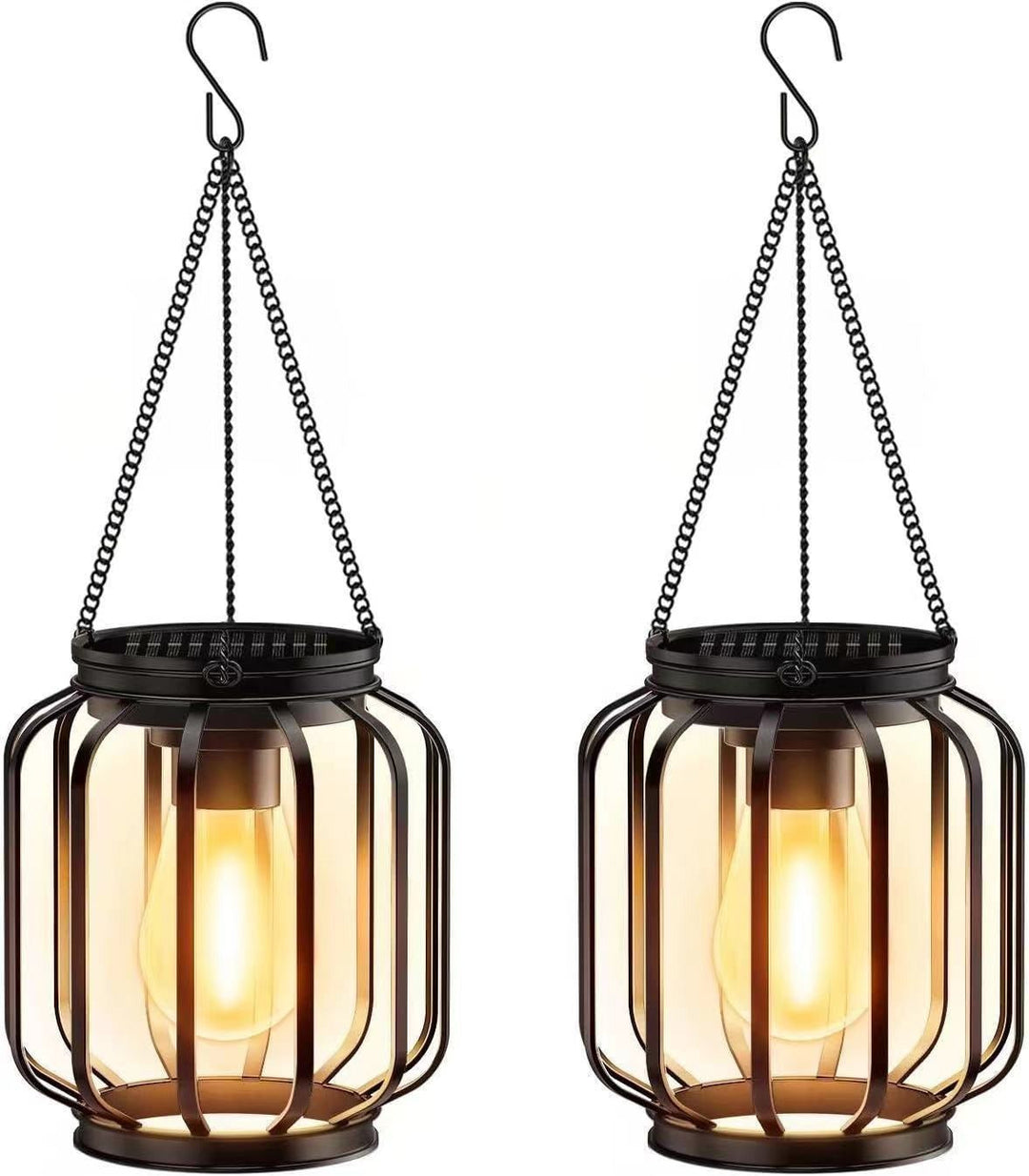 Outdoor solar light: vintage LED hanging lantern, metal cage design for garden pathway illumination.