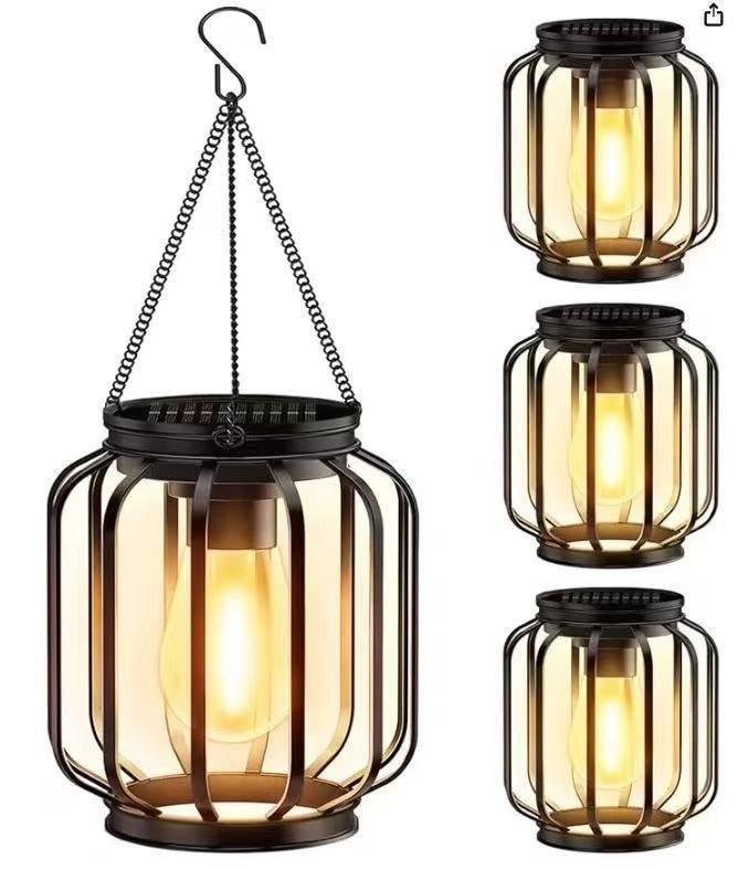 Elegant vintage LED solar lantern, hanging metal cage, waterproof, perfect for patio & deck lighting.