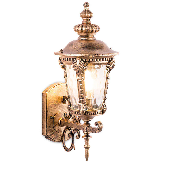 Stylish vintage outdoor wall lantern, hardwired, aluminum & glass, enhances garden & patio decor.