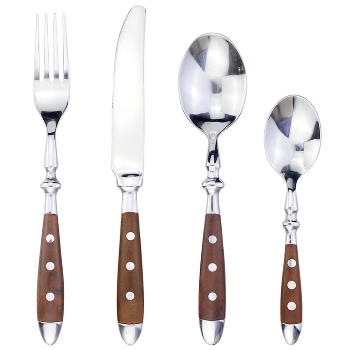 Antique-style stainless steel dining utensils, 24-piece flatware set with comfortable resin handles.