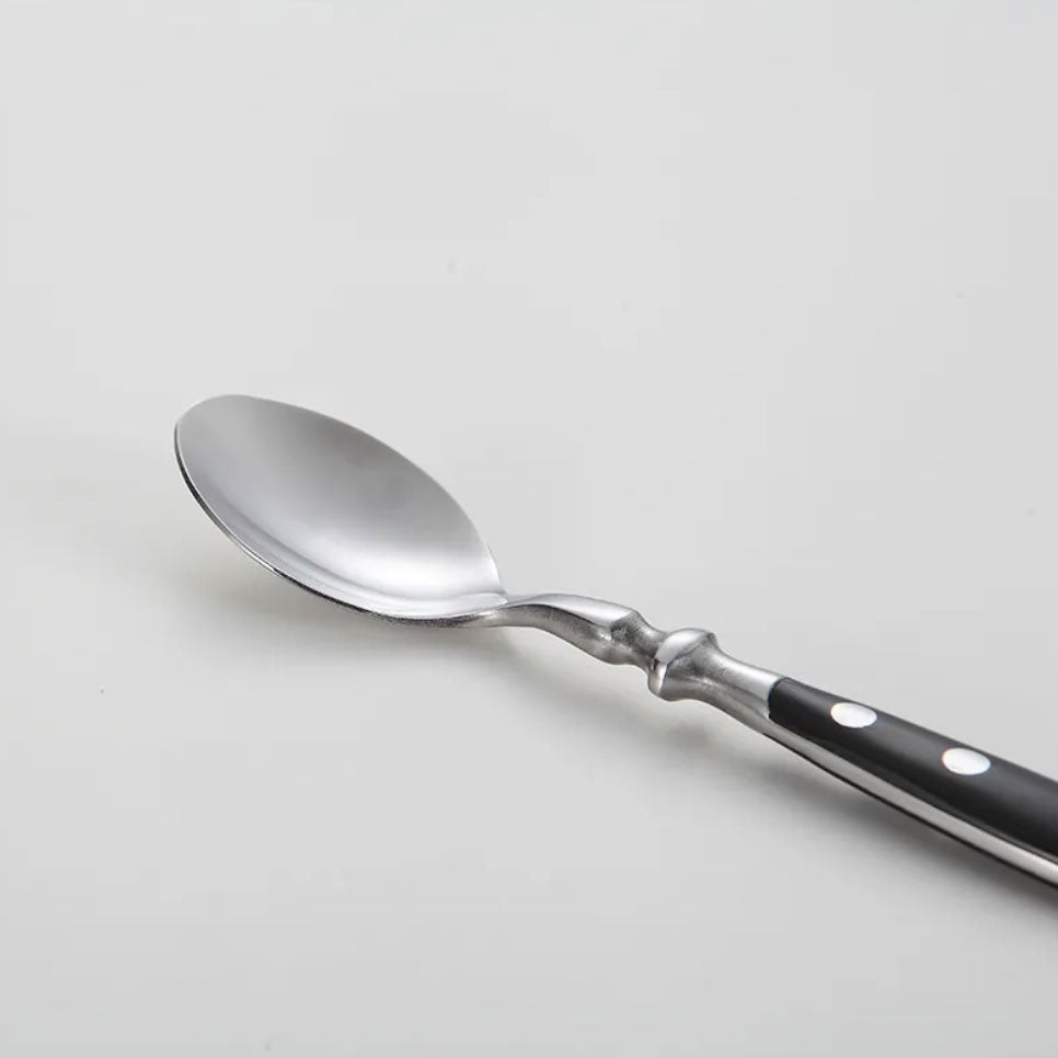 Elegant vintage stainless steel dinnerware set, classic design flatware with unique resin handle.