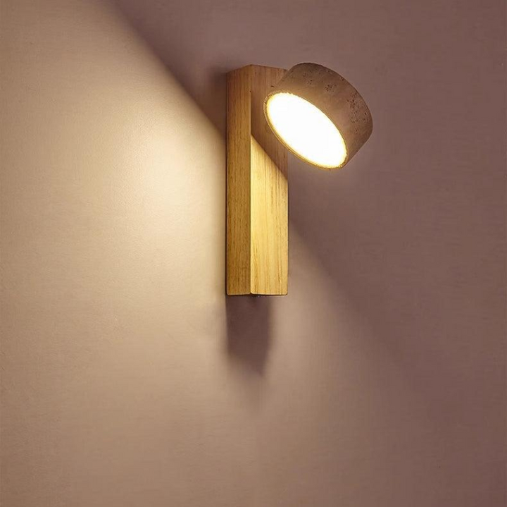 Wabi Sabi Travertine & Wood LED Wall Lamp. Minimalist design for ambient home lighting.