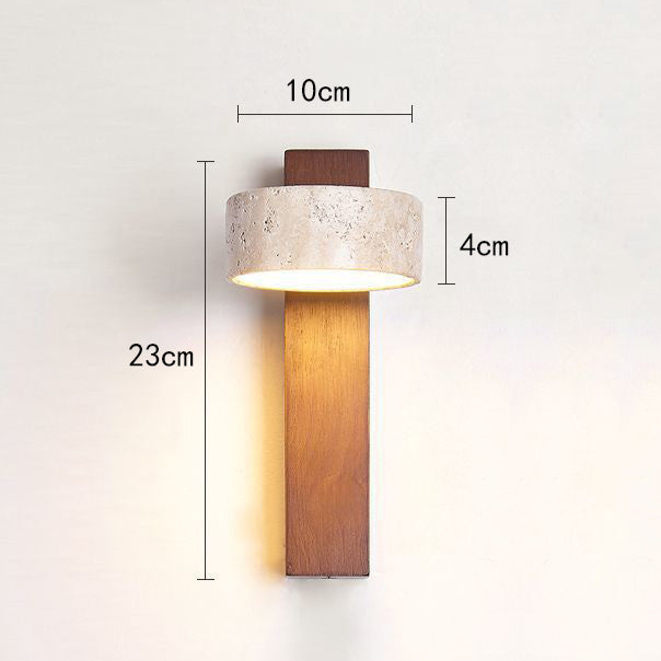 Bedroom LED wall lamp with wabi sabi travertine and wood. Perfect minimalist ambient lighting for restful spaces.
