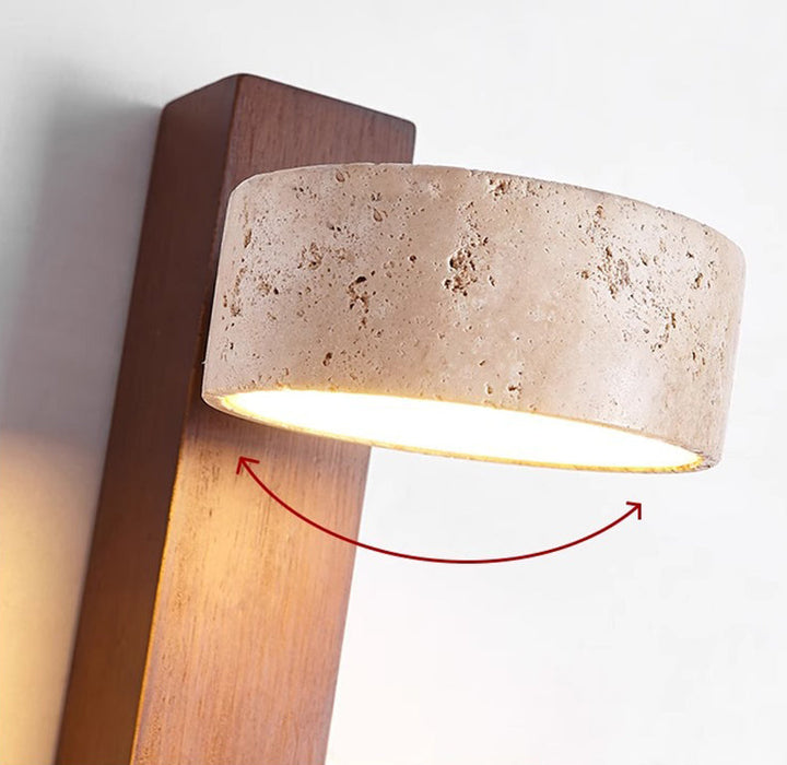 Unique Wabi Sabi wall lamp. Natural travertine and wood, integrated LED for soft, ambient home decor lighting.
