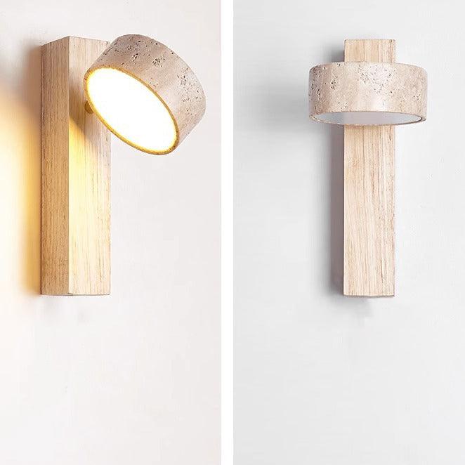 Sculptural LED wall lamp of travertine & wood. Wabi Sabi minimalist design for exquisite ambient lighting.