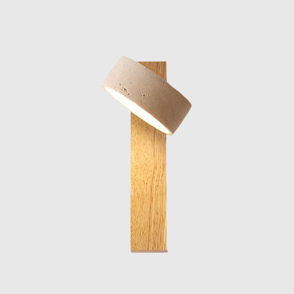 Versatile Wabi Sabi LED wall lamp. Travertine and wood create minimalist ambient light for any home space.
