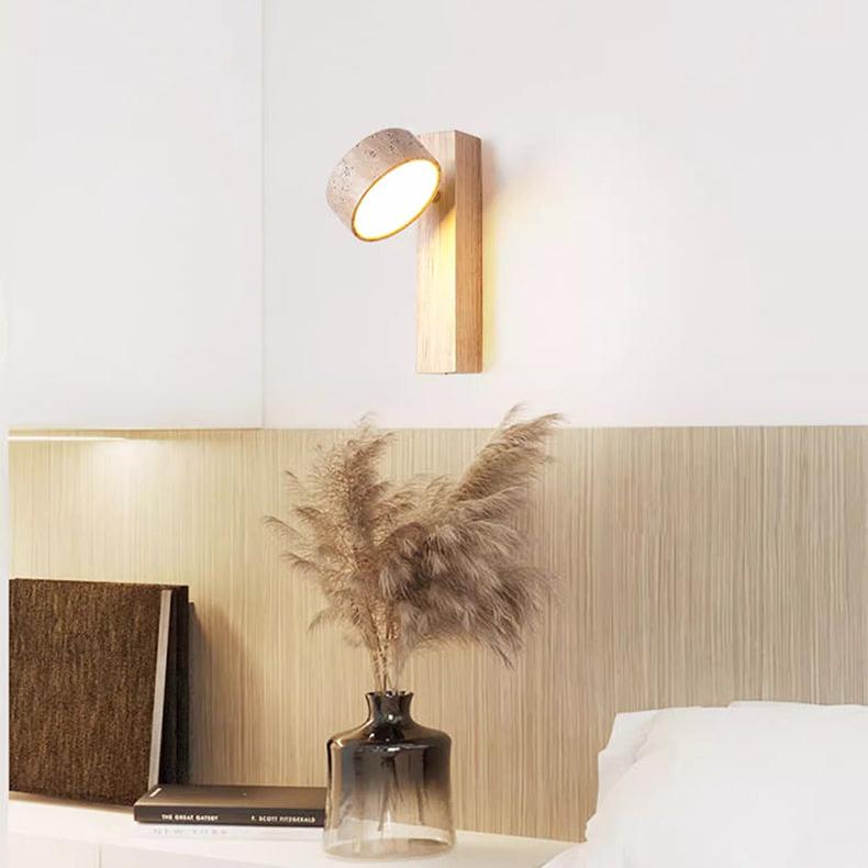 Elegant Wabi Sabi wood & travertine LED wall lamp, offering soft ambient light for modern home decor.