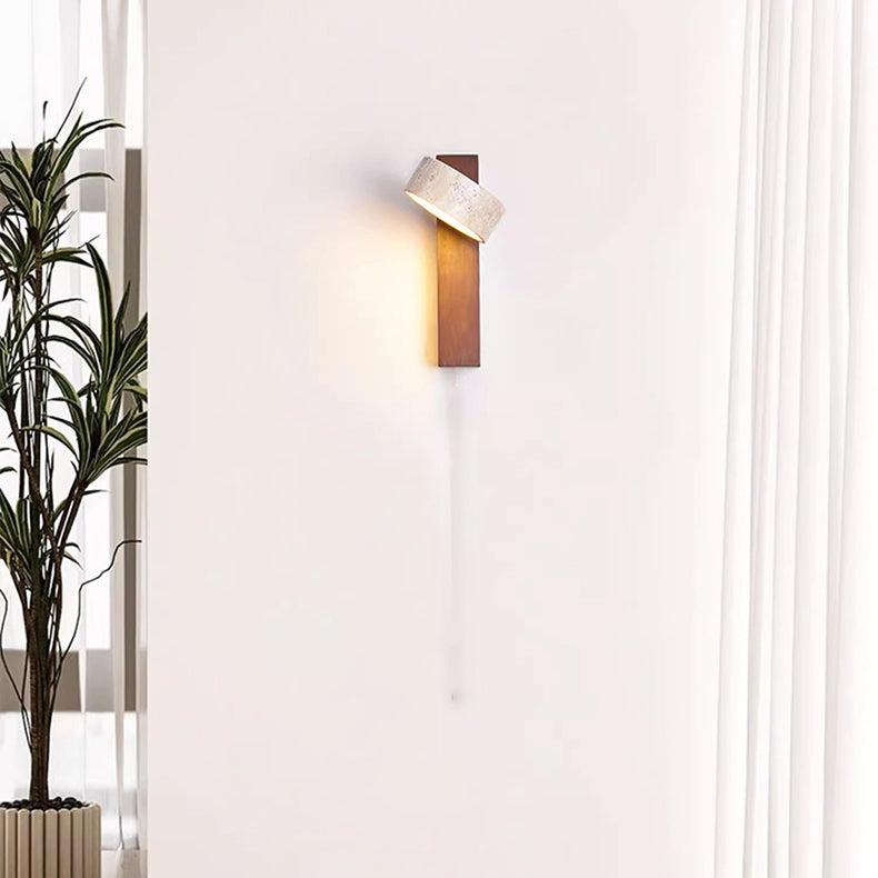 Natural travertine and wood LED wall lamp in Wabi Sabi style, creating warm, ambient light for any room.