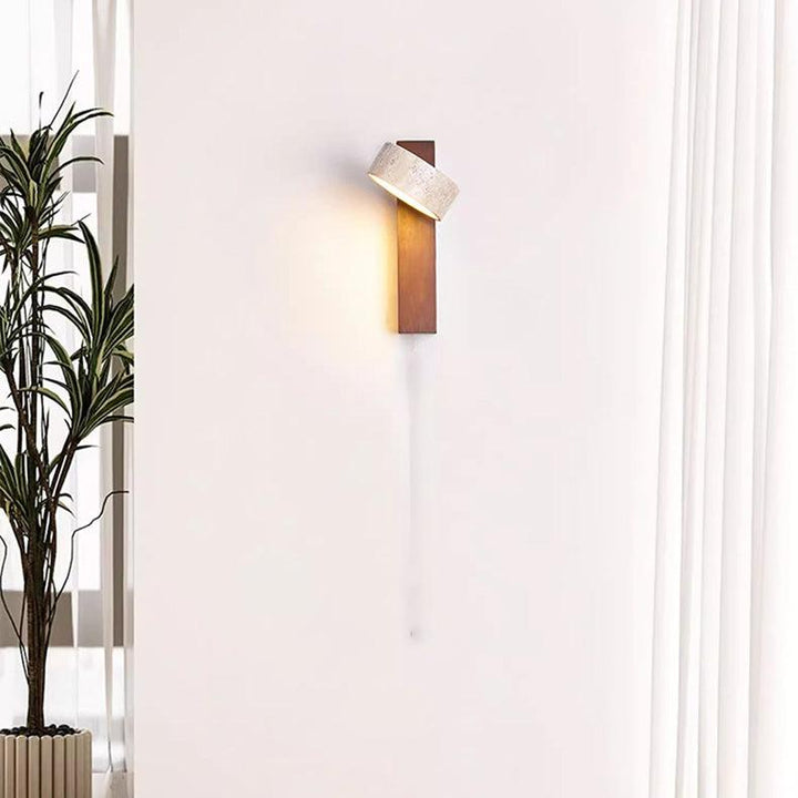 Natural travertine and wood LED wall lamp in Wabi Sabi style, creating warm, ambient light for any room.