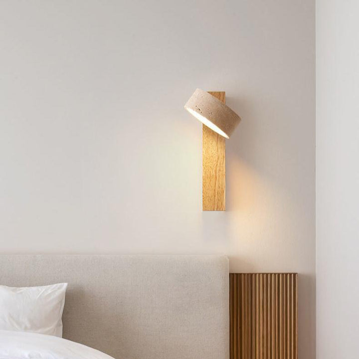Handcrafted look Wabi Sabi wood & travertine LED wall lamp. Ambient lighting for an elevated home decor aesthetic.