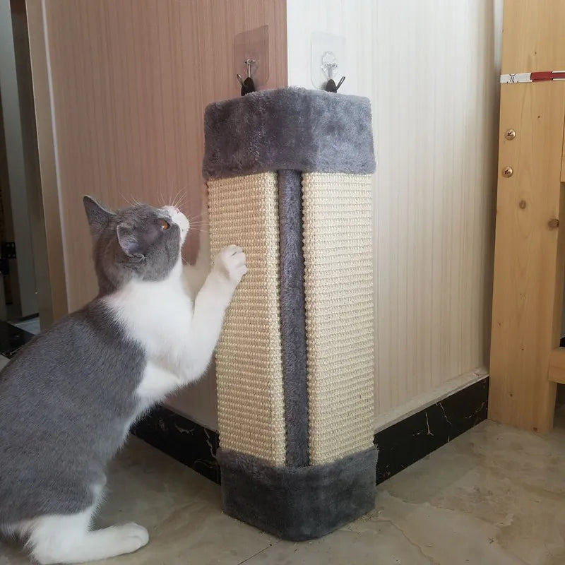 Wall-mounted cat scratching post with soft cover, protecting furniture. Durable feline claw care accessory.