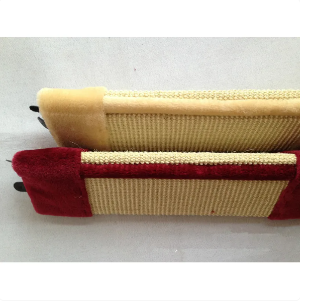 Beige wall cat scratcher with soft fabric cover for claw care. Protects furniture from damage for happy felines.