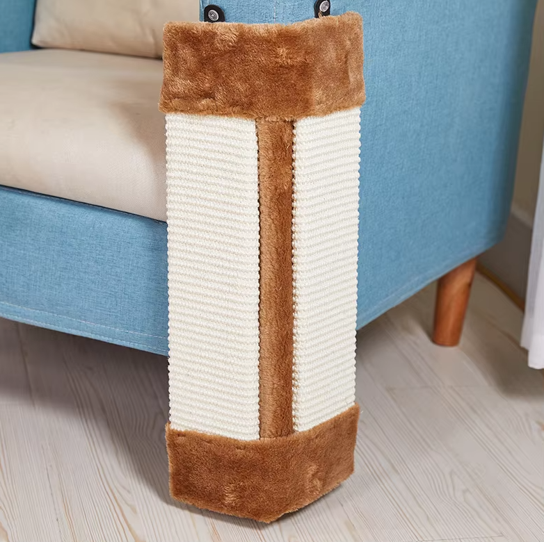 Gray wall mount cat scratching post with soft cover. Essential pet supply for feline claw care & furniture safety.