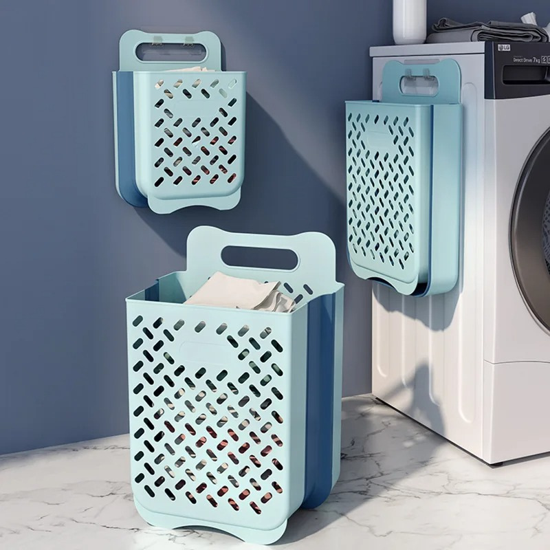 Wall-mounted foldable laundry hamper with breathable mesh, perfect for space-saving home organization of dirty clothes.