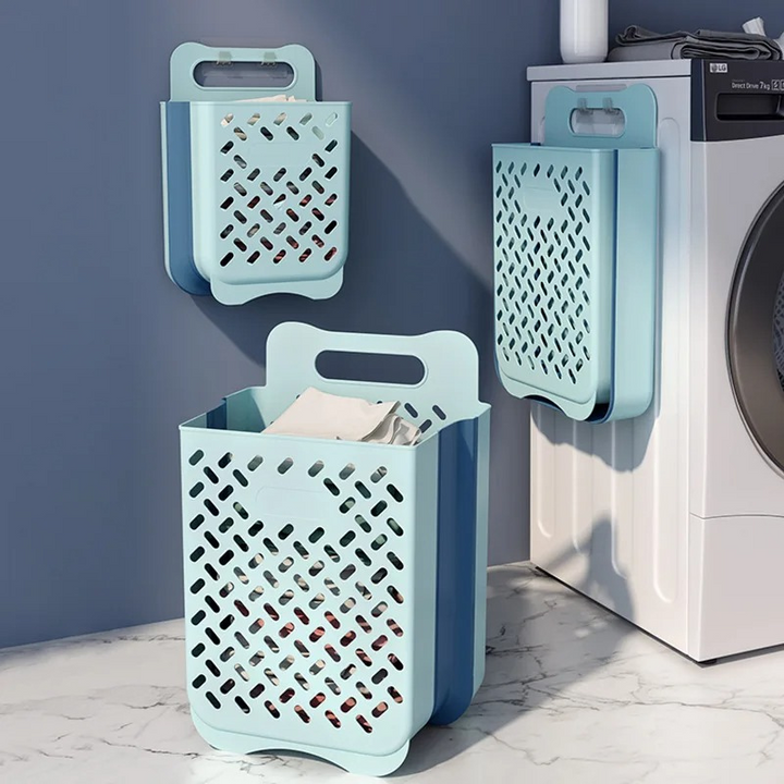 Wall-mounted foldable laundry hamper with breathable mesh, perfect for space-saving home organization of dirty clothes.
